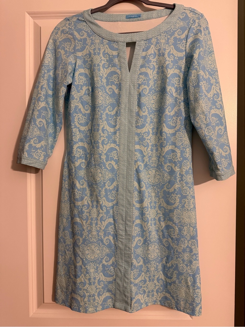 Light Blue Paisley Midi Dress with Keyhole Neckline